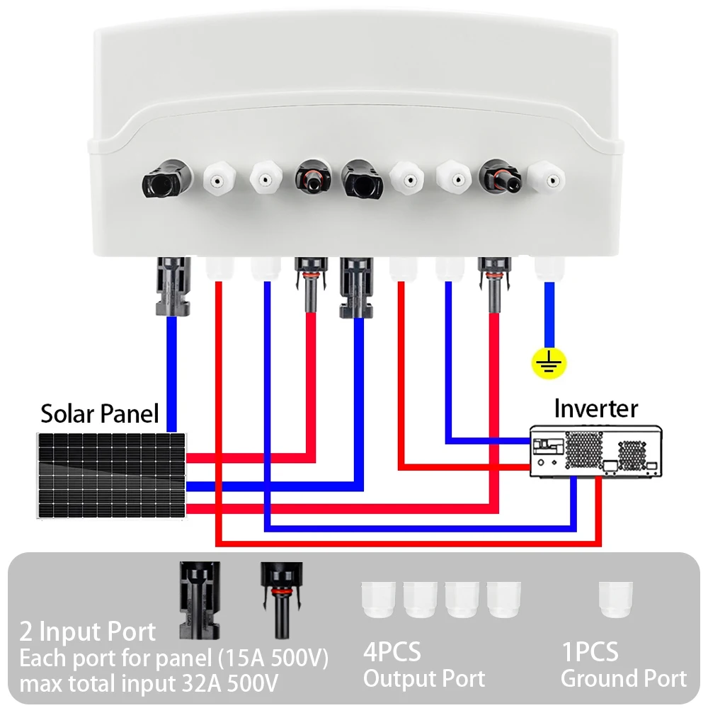 CNLonQcom PV-combiner 2 String IP65 DC500V 32A 2 Ingang 2 Uitgang Stroomonderbreker en SPD Beveiliging en 15A Zekering met Verdeelkast voor Zonnepanelen