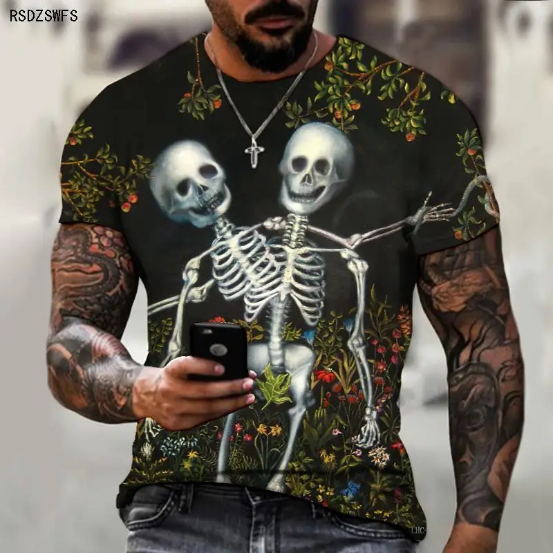 Camisas de marca para hombre camisetas de cuello redondo con estampado 3D de Calavera tendencia de moda nuevos esenciales de verano de gran tamano
