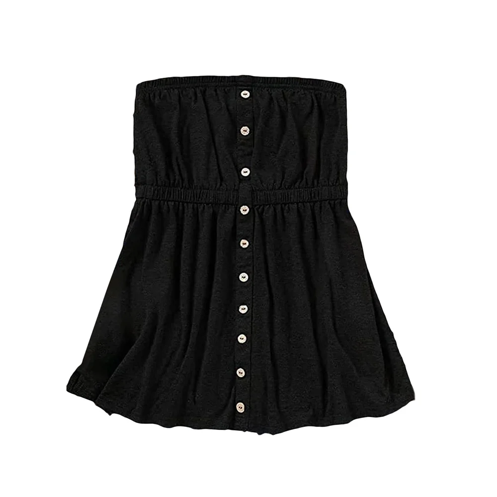 Douhoow Women Tube Top Summer Button Strapless Bandeau Tank Crop Tops Solid Elastic Design Backless Breathable Pleated Tops