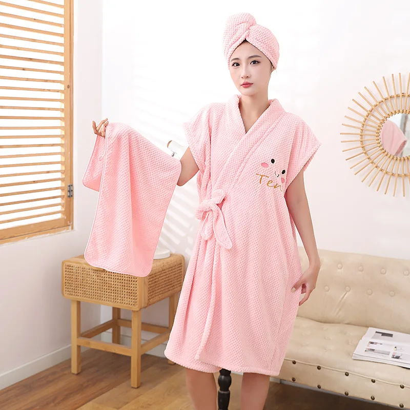 Pineapple Bathrobe Women's Thickened Household Cross Tie Bathing Skirt Towel Dry Hair Hat Wearable Bathtowel Coral Velvet 6