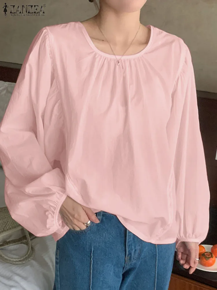 

ZANZEA Women Long Puff Sleeve Tops 2024 Summer Solid Color Blouse Fashion Round Neck Shirts Casual Loose Holiday Tunics Oversize