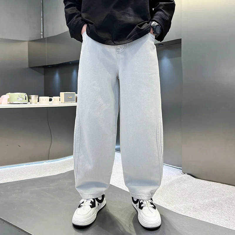 새로운 봄 아동용 화이트 진 남아 데님 팬츠 키즈 y2k 캐주얼 스트리트웨어 루즈핏 배기 바지 5 6 7 8 9 10 11 12 13 14세