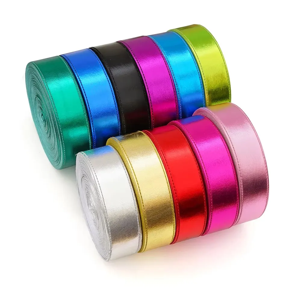 25 야드 1-1/2 38mm 반짝이 호일 부드러운 패브릭 새틴 리본 헤어 보우 액세서리 환영 사용자 정의 색상
