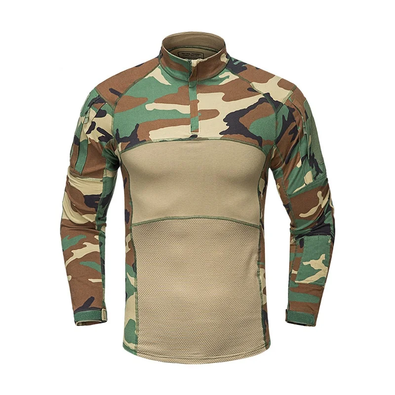 Camuflagem de manga comprida masculina, camisa tática militar, secagem rápida, Camo Combat, caminhadas ao ar livre, camisas de caça