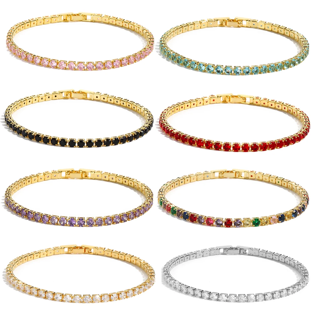 Colorful Crystal Tennis Bracelet for Women Waterproof Multicolor 3MM CZ Wedding Birthstone Hand Chain Jewelry