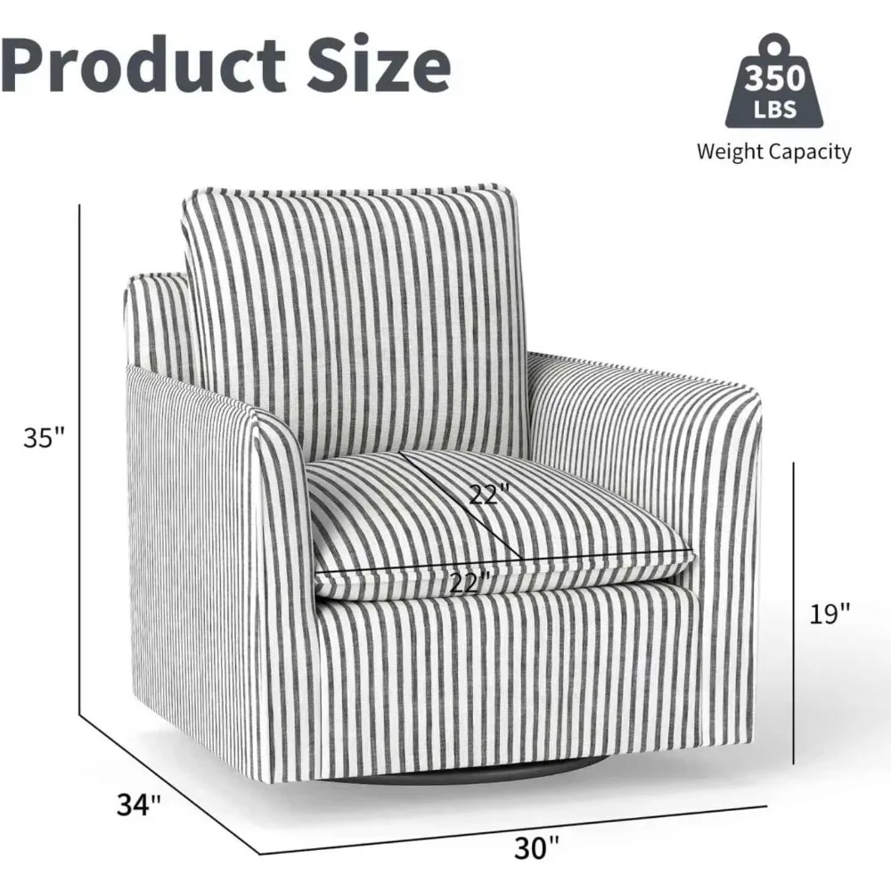 Swivel Accent Chair with Padded Backrest, 360° Rotating for Living Room Bedroom Small Spaces, Blue Stripe