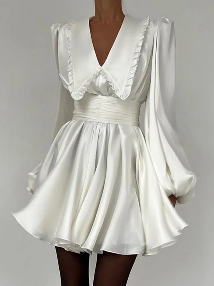 

Белое Мини-Платье, женское летнее короткое платье с длинным рукавом, женские плиссированные платья с V-образным вырезом и фонариками, женские облегающие повседневные платья для женщин