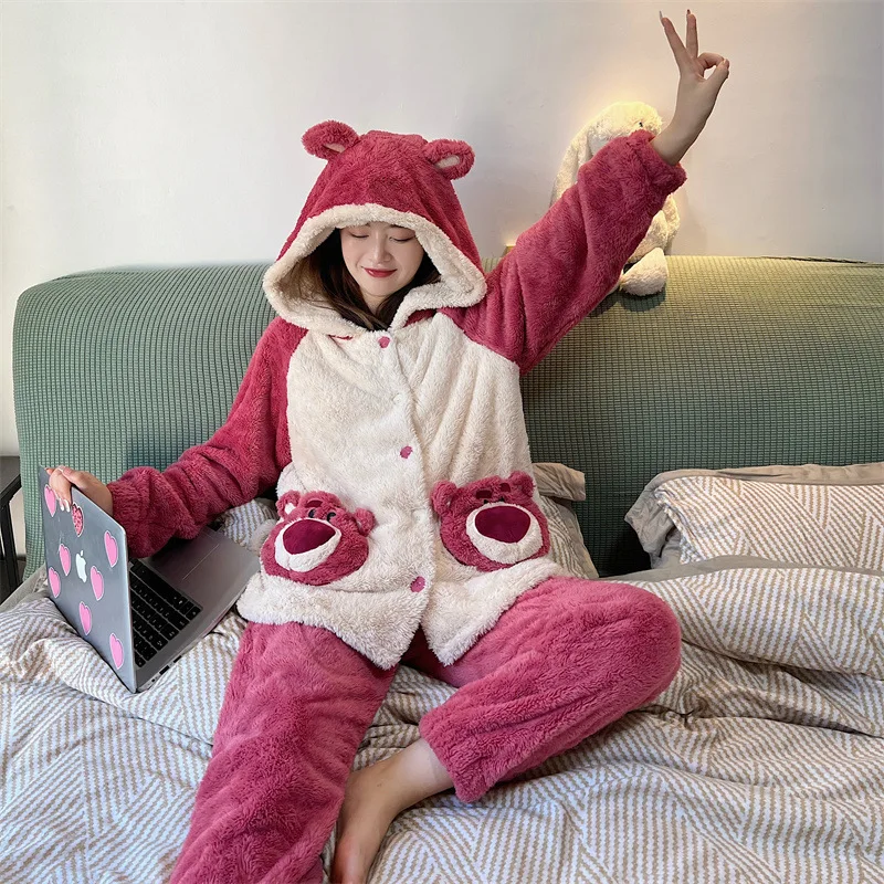 Hooded Pajama Women's Winter Flannel Sleepwear Lovers' Coral Fleece Men's  Extra Thick Home Clothes Cotton Pyjamas Suit - AliExpress