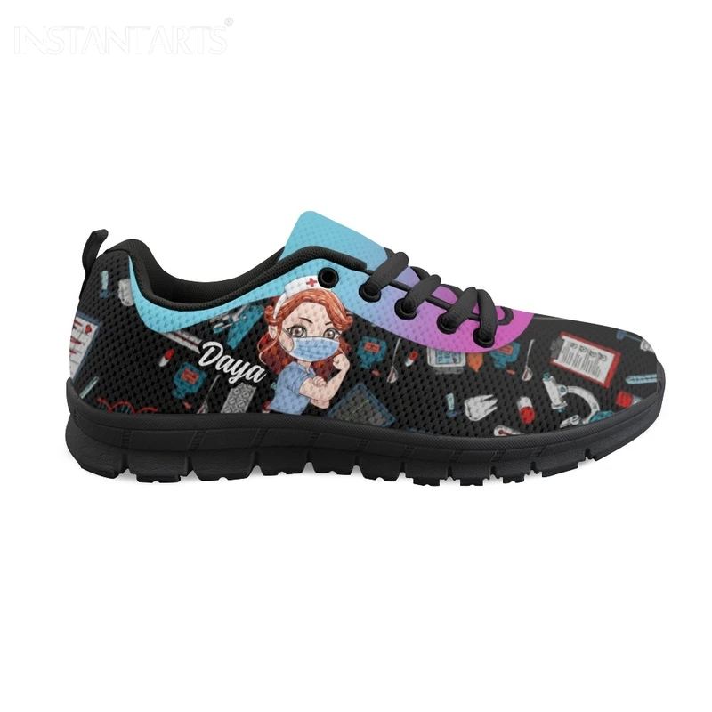 INSTANTARTS New Style Women Lace up Sneakers Casual Nursing Flat Shoes Breathable Soft Medical Print Running Shoes for Femme