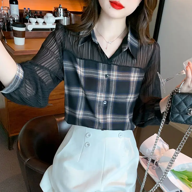 Sweet Lapel Button Plaid Spliced Chiffon Puff Sleeve Blouses Female Clothing 2024 Summer New Loose Casual Tops All-match Shirts