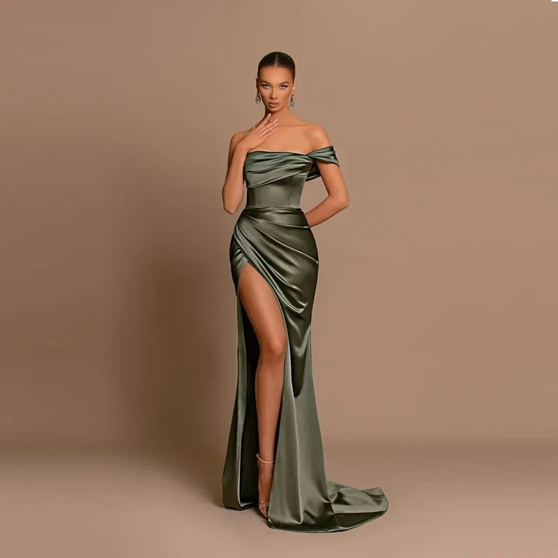 

Blackish Green One-Shoulder Mermaid Evening Dress Off Shoulder Classic Formal Prom High Slit Party Wedding Dress for Women