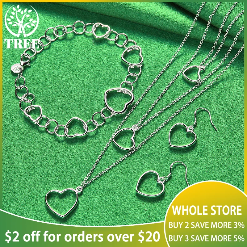 

ALITREE 3pcs 925 Sterling Silver Full Heart Chain Necklace Earring Bracelet Set For Women Fashion Party Birthday Jewelry Sets