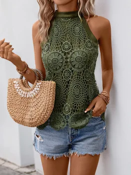 Boho Halter Neck Lace Tops for Woman Clothing  Hollow Out Crochet Pattern Sleeveless Crop Top Girls Summer Fashion Ladies Vest 1