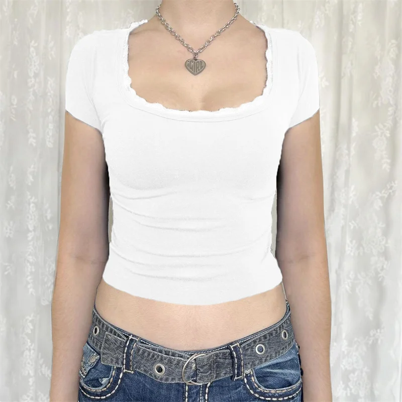 y2k Lace Trim Crop Top 2000s Women Clothes Solid Color Square Collar Short Sleeve T Shirt Aesthetic Clothing Streetwear