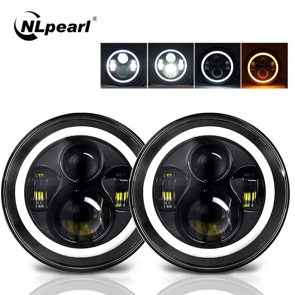 NLpearl 2x 7 Inch LED Headlight H4 Hi-Lo With Halo Angel Eyes For Niva Lada 4x4 Offroad Jeep JK UAZ Hunter Hummer Beetle Classic |