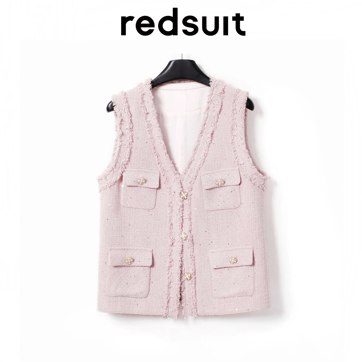 

Celebrity Style V-neck Small Fragrant Vest Coat Reduced Age Ladies Pink Tassel Sticking Wool Sleeveless Top