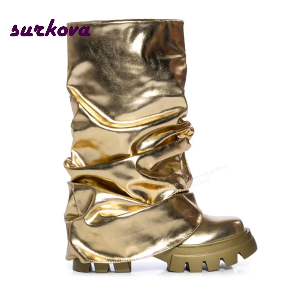 

Gold Shark Boots Pleated Gear Sole Height Increasing Mid-Calf Boots Winter 2023 Women's Casual Shoes Sexy Plus Size 44 Luxury