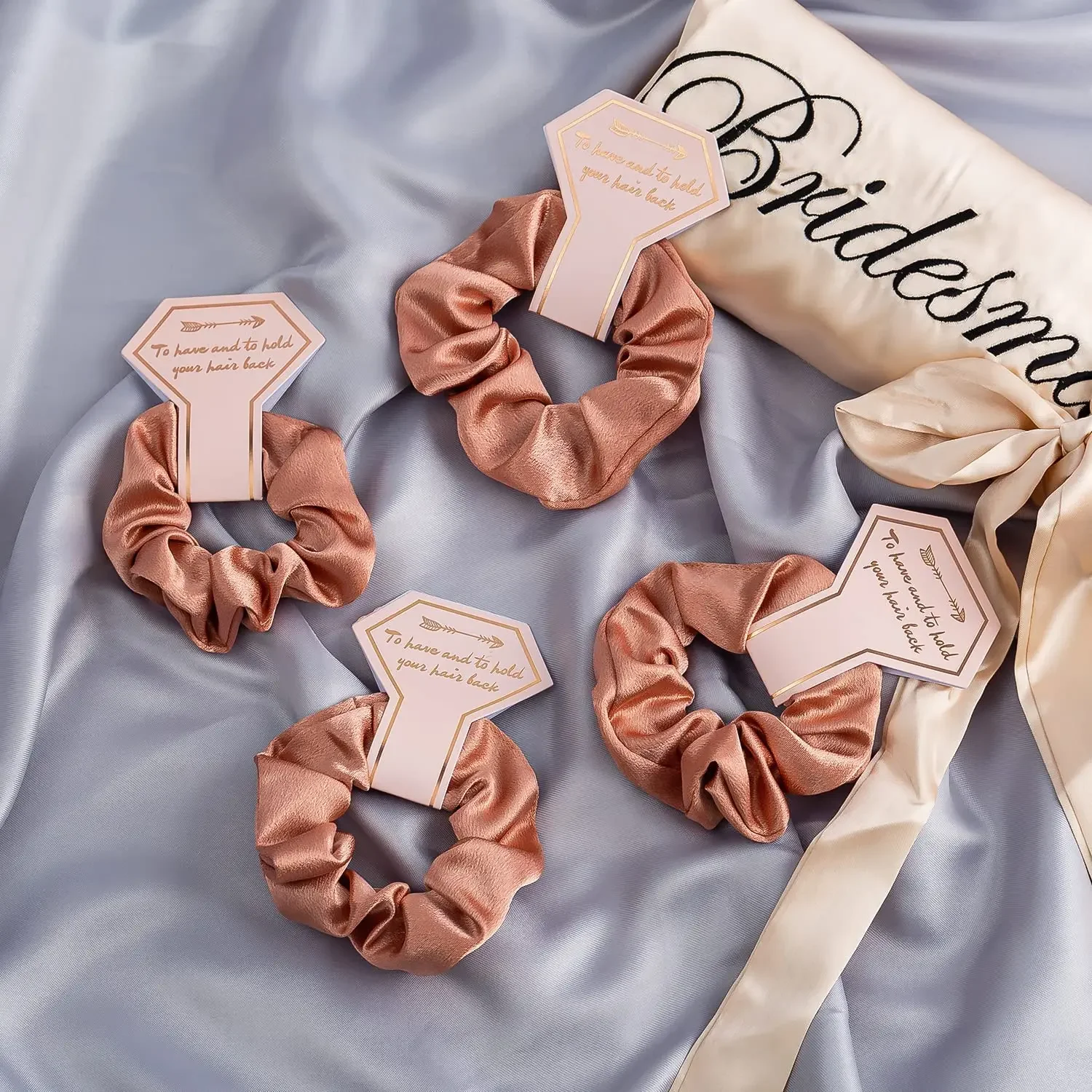 Bridal Hair Accessories Set Rose Gold Smooth Linen Satin Bridesmaid Scrunchies Headbands