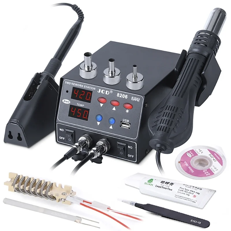 JCD 8206 Soldering Station 2 in 1 Digital Display Rework Hot Air Gun Solder Iron 220V 110V ESD Welding Desoldering Repair Tools