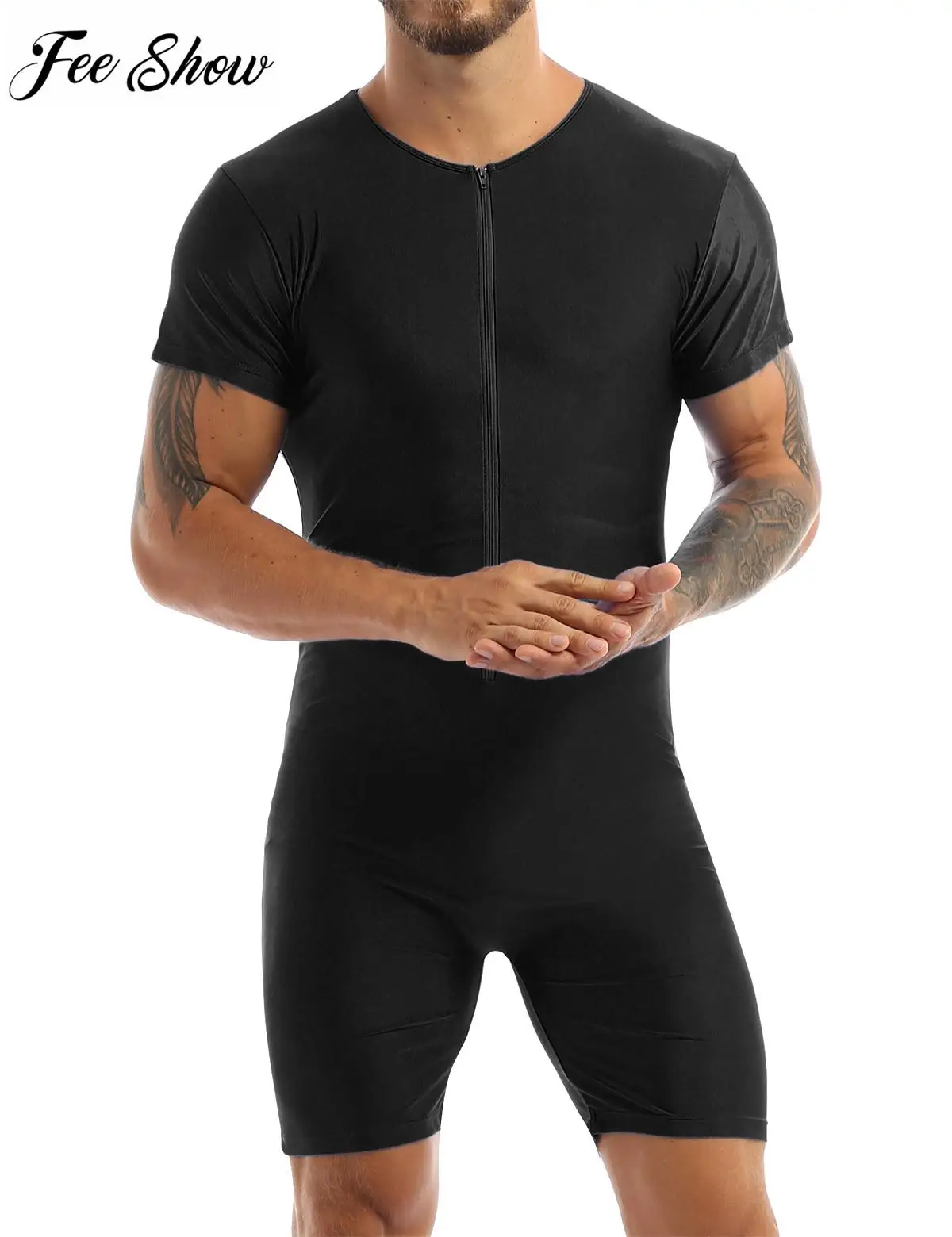

Mens Glossy Shorts Jumpsuit One-piece Short Sleeve Front Zipper Soft Boxer Briefs Leotard Bodysuit Workout Fitness Sportswear