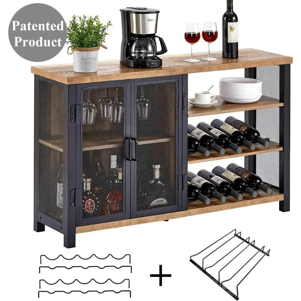 Industrial Bar Cabinet for Liquor and Glasses, Rustic Wine Cabinet with Doors, Farmhouse Coffee Bar with Storage