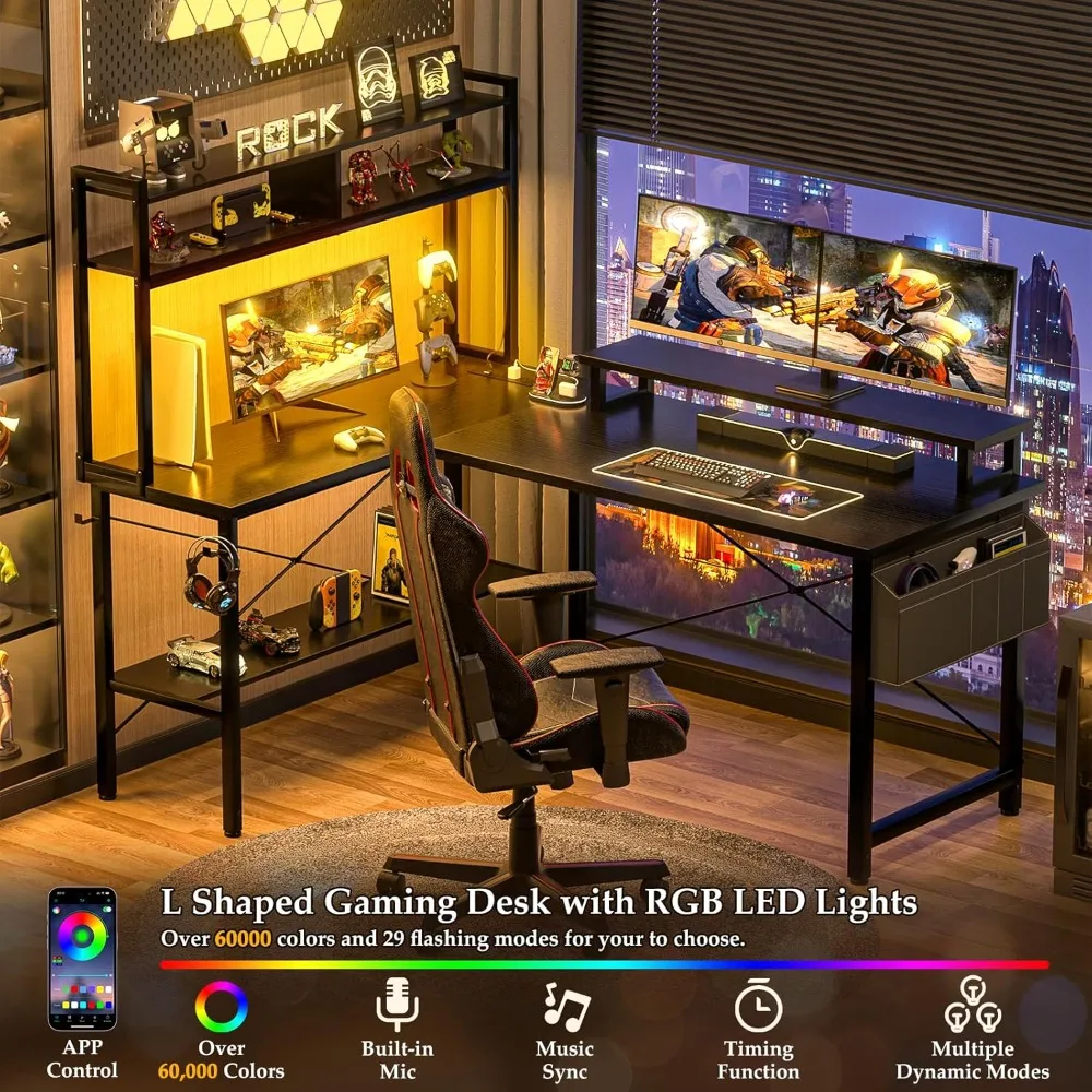 L-Shaped Gaming Desk with LED Lights, Power Outlets & Storage - Black Corner Computer Desk