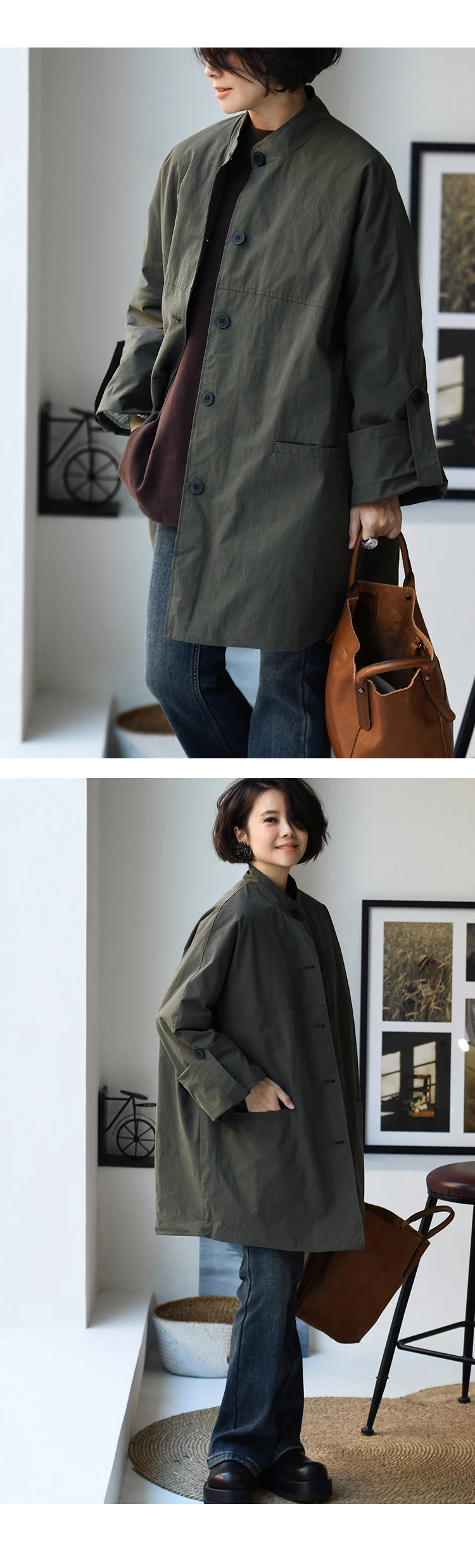 F92220 Artistic Casual Stand-Up Collar Oversize Adjustable Wide-Sleeve Cotton Jacket Coat for Women Winter