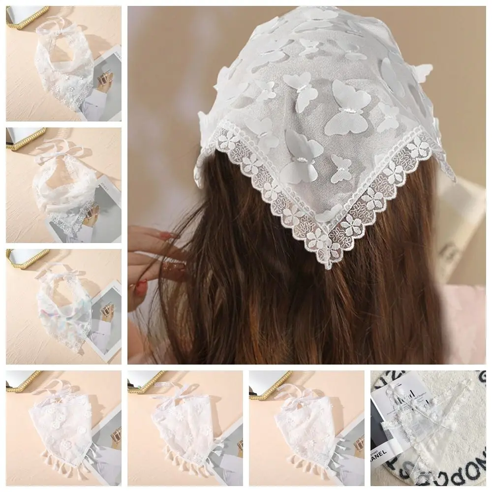

Butterflies Triangle Bandana Transparent Wraps Flower Lace Hair Scarf Headbands Hair Accessories Travel