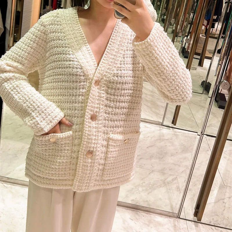 클래식 캐주얼 니트 2 피스 세트 패션 긴 소매 V 칼라 가디건, 루즈 하이 웨이스트 와이드 레그 팬츠, 여성 의류, 신제품 23