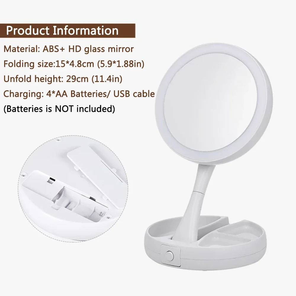 Foldable Led Makeup Mirror With Light 10X Magnifying Dual Purpose Double-Sided Mirror USB Charging Or Battery Table Mirrors makeup mirror,mirror lights,makeup mirror lights