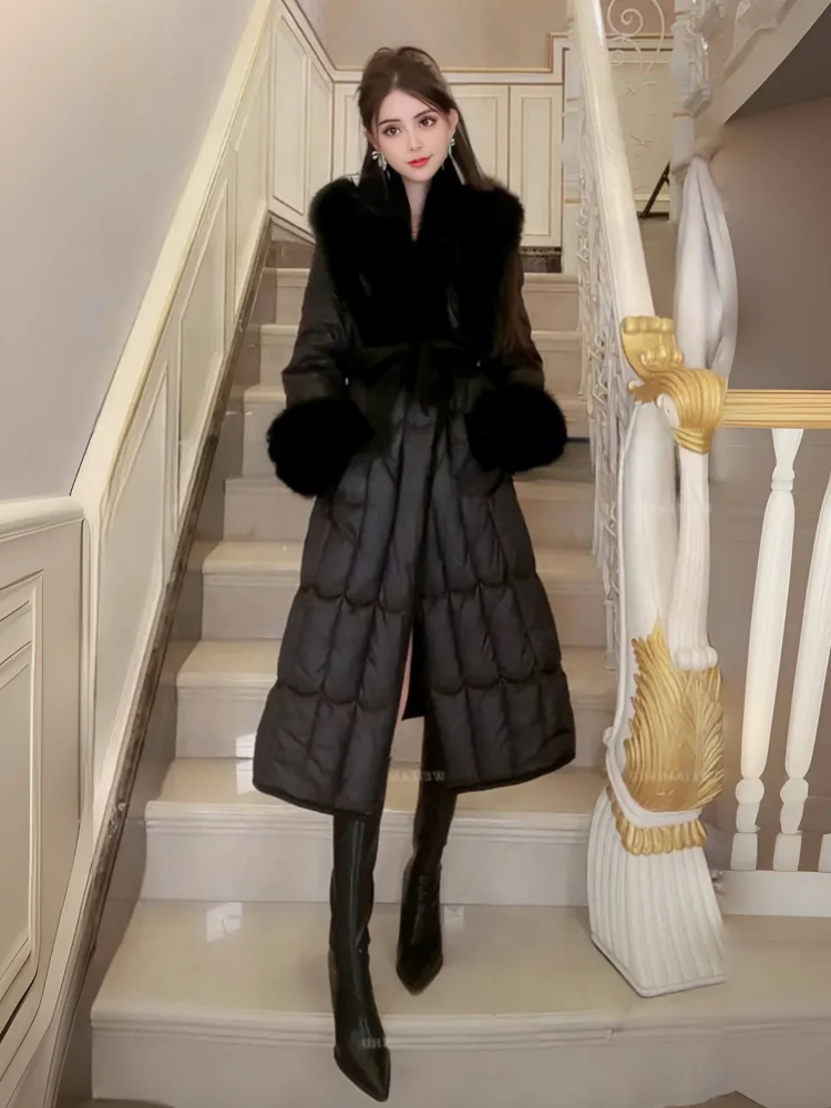 High-end Fashion Fox Fur Collar Down Jacket Women's Long Thickening Warm Elegant White Duck Down Coat 2024 Winter Clothes New