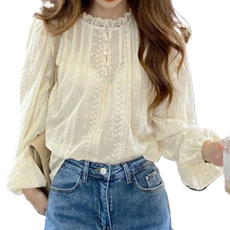 بلوزة عصرية بأكمام طويلة على الطراز الكوري مع تطريز بلوزات مشمش أنيقة قميص دانتيل حلو بأكمام منتفخة ملابس علوية نسائية
