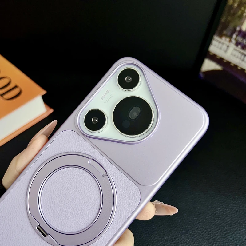 Fashion Magnetic Lychee Texture PU Leather Ultra Thin 360° Rotation Ring Stand Phone Case