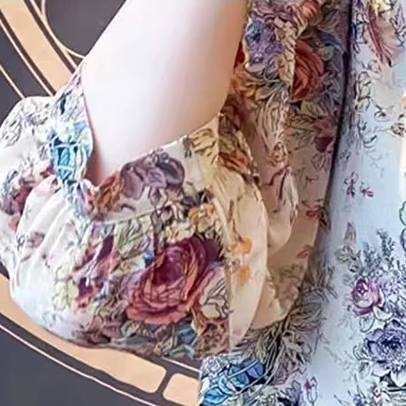 Vintage Elegant Women's Chiffon Shirt O-Neck Lantern Sleeve Printed Top Casual Office Lady trend Slim Shirts and Blouses French