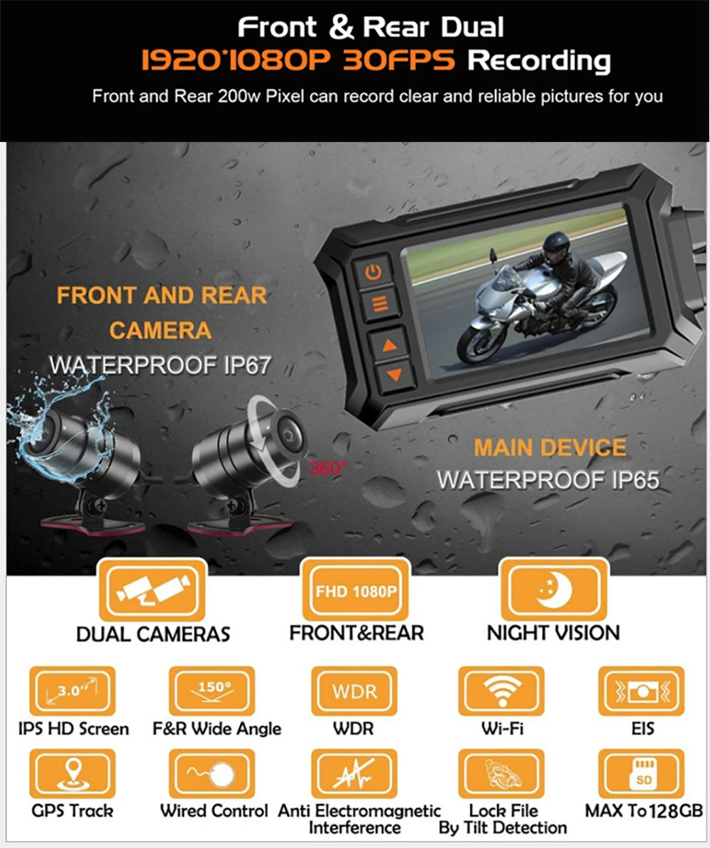 Blueskysea A12 Dual 1080P Full HD Motorcycle Dashcam 3 Inch Waterproof IP67  Camera WiFi Motorcycle DVR Dash Cam Black GPS Box