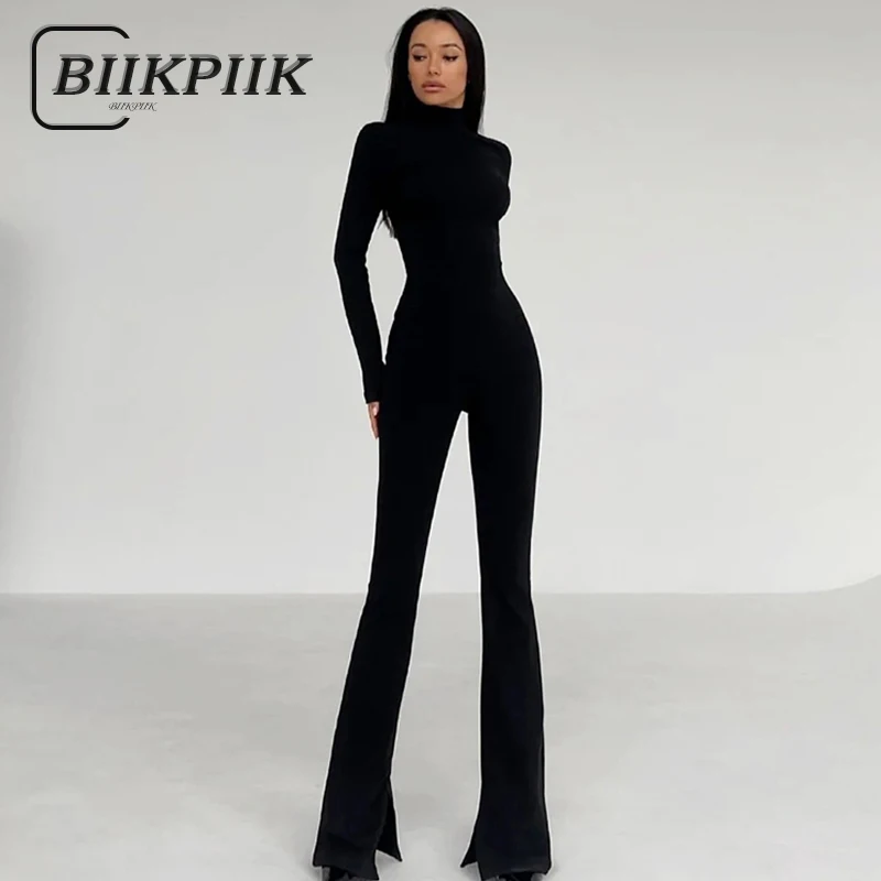 

Повседневные Черные Облегающие женские комбинезоны BIIKPIIK, лаконичные базовые комбинезоны с воротником-стойкой, расклешенные комбинезоны, Осенние сексуальные элегантные комбинезоны для коррекции фигуры