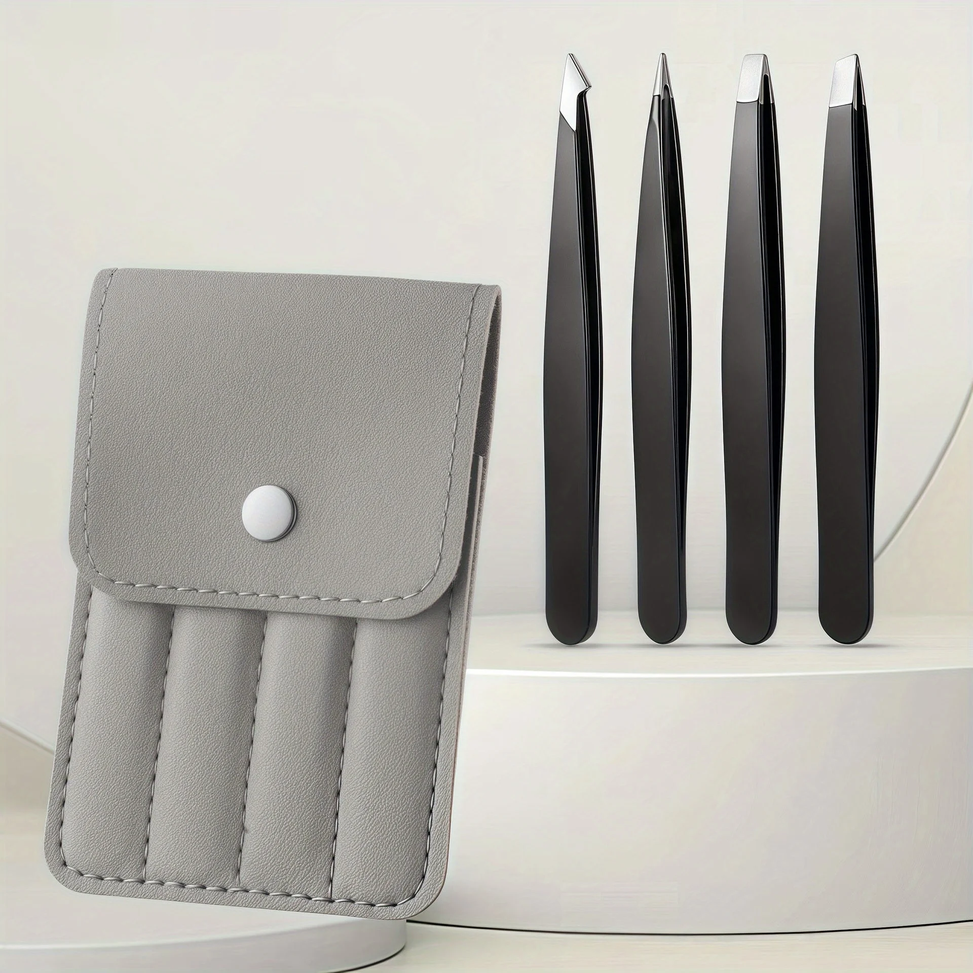 스테인리스 스틸 눈썹 핀셋 세트 인조 속눈썹용 네 피스 브라운 케이스 휴대용 눈썹 메이크업 도구