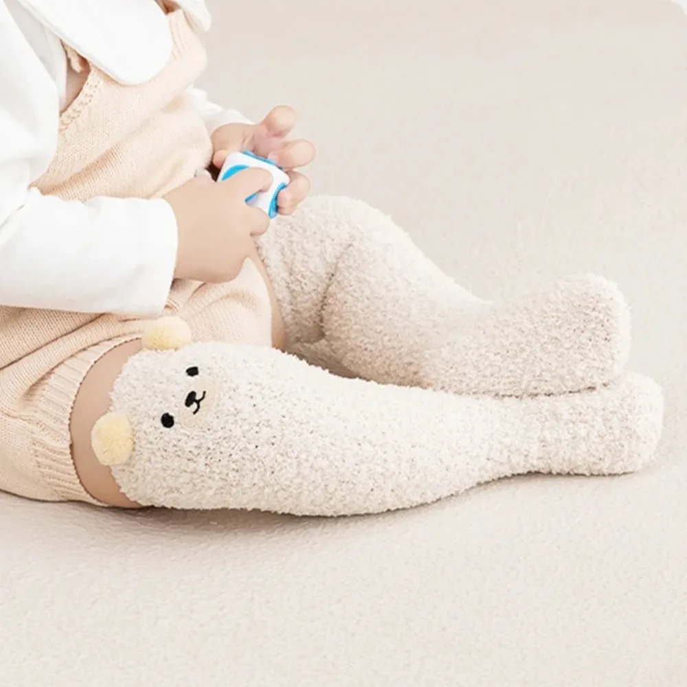Cartoon Bear Design Baby Socks Coral Velvet Thickened Infants Stocking Warm Knee Protection Socks for 0-5year Kids