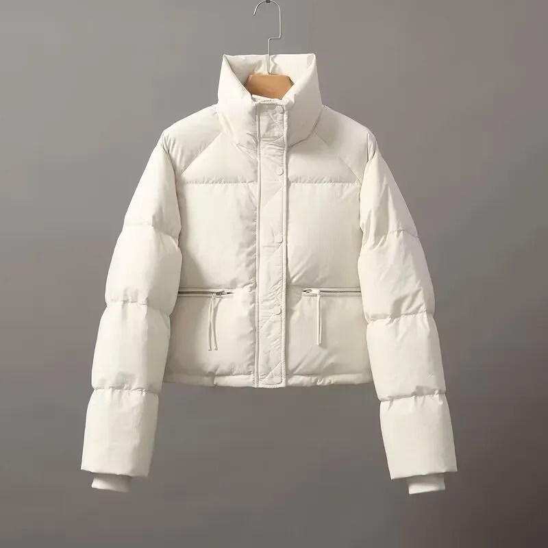 Streetwear Short Women Padded Coat Winter Warm Snow Casaco Korean Stand Collar White Jaquetas Casual Pocket Zipper Abrigos New