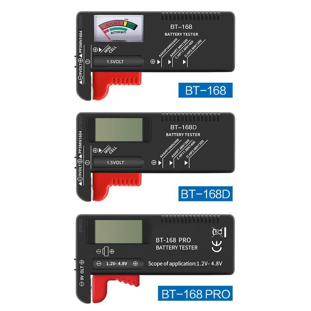 STONEGO Universal Battery Checker Model BT-168/BT-168D/BT-168PRO for AA AAA C D 9V 1.5V 3.7V 18650 Button Cell Batteries