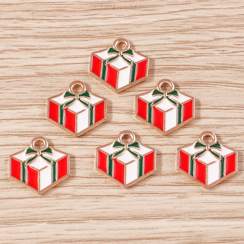 10 Stück 15x15mm Niedliche Emaille-Weihnachtsgeschenkbox-Anhänger für Schmuckherstellung, Ohrhänger, Halsketten, DIY-Bastelzubehör