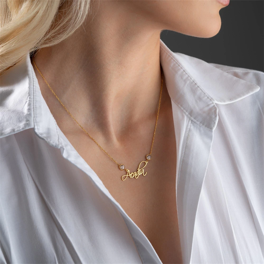 사용자 정의 탄생석 이름 목걸이 맞춤형 네임 플레이트 더블 탄생석 참 목걸이 여자 여자 생일 선물 Boho Jewelry