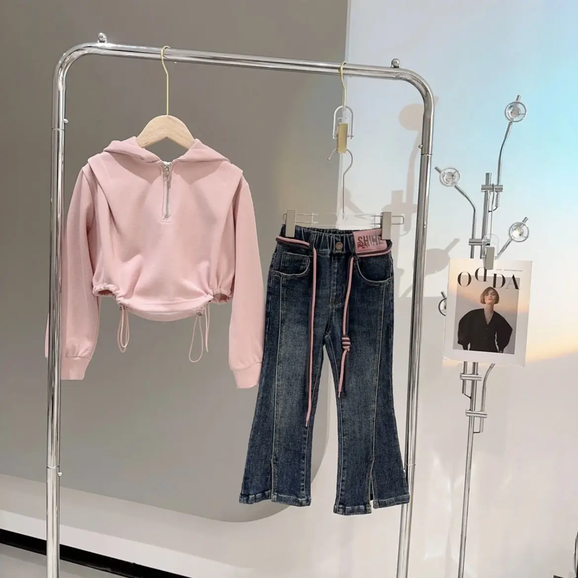 

Retail 2023 New Baby Girls Fall Teenage Fashion Sets, Hooded Pink Top + Jean Pants Princess Casual Suits Girl 4-12T