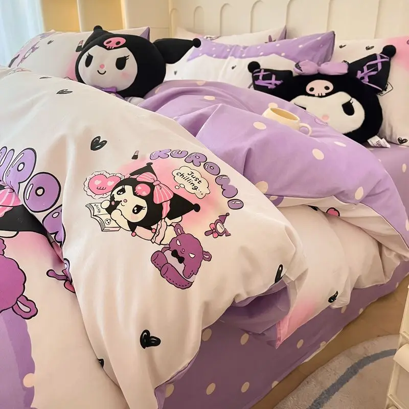 

Набор из трех предметов из чистого хлопка с аниме Sanrio Kuromi, простыни в стиле мультфильма Мелоди коричной, пододеяльник, наволочка, детское постельное белье, подарок