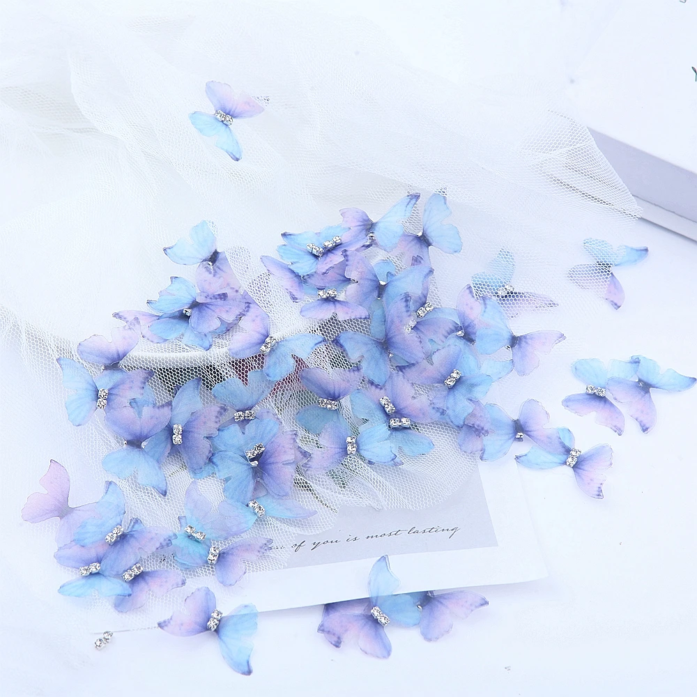 Gradient Color Organza Fabric Butterfly Appliques, Translucent Chiffon, Party Decor, Doll Embellishment, 50mm, 100Pcs