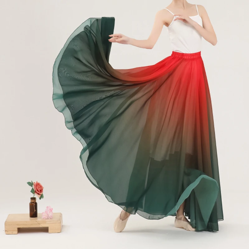 Female Elegant Gradient Ballet Skirts 720 Degrees Big Hem Classical Dance Costume Chiffon Flowy Practice Dancewear 80 90 100CM 