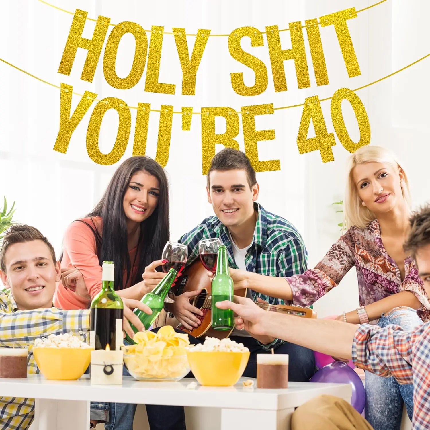 Birthday Banner Gold Glitter Holy Shit You're 40 Party Decor Funny 40th Birthday Party Decorations Supplies 40th Photo Props