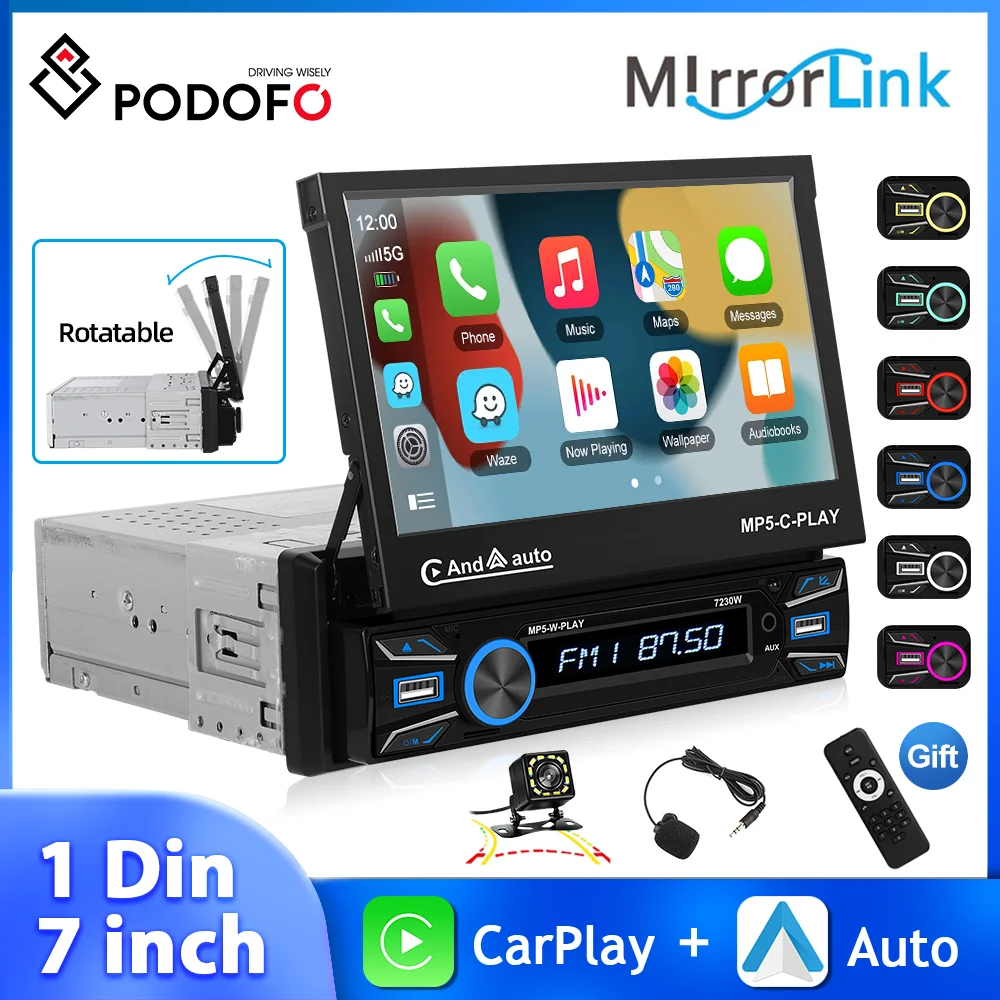 Podofo 7 ''Autoradio Lettore Mp5 Touch Screen Pieghevole 1Din Lettore Multimediale Wireless Carplay Android Auto Bluetooth Mirror Link