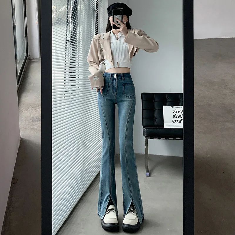 

Flared jeans women high-waisted split 2023new stretch slimming all-in-one mopping pants female front pocket retro denim trousers