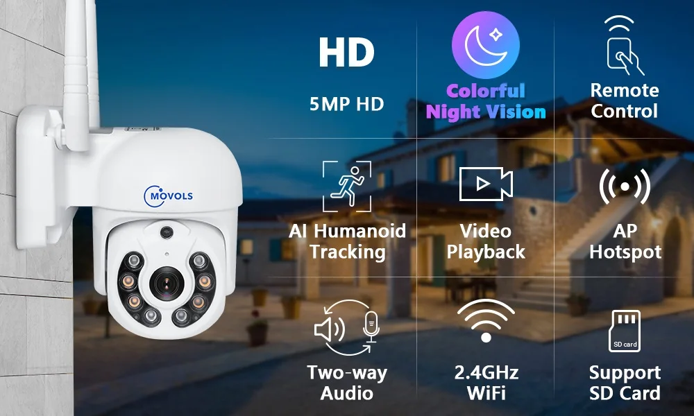 MOVOLS 3MP 5MP IP Camera Smart Tracking Wireless Two Way Audio PTZ Outdoor Water